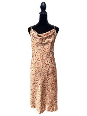 Bebe satin drape cowl neck dainty floral print midi slip dress size L Spaghetti